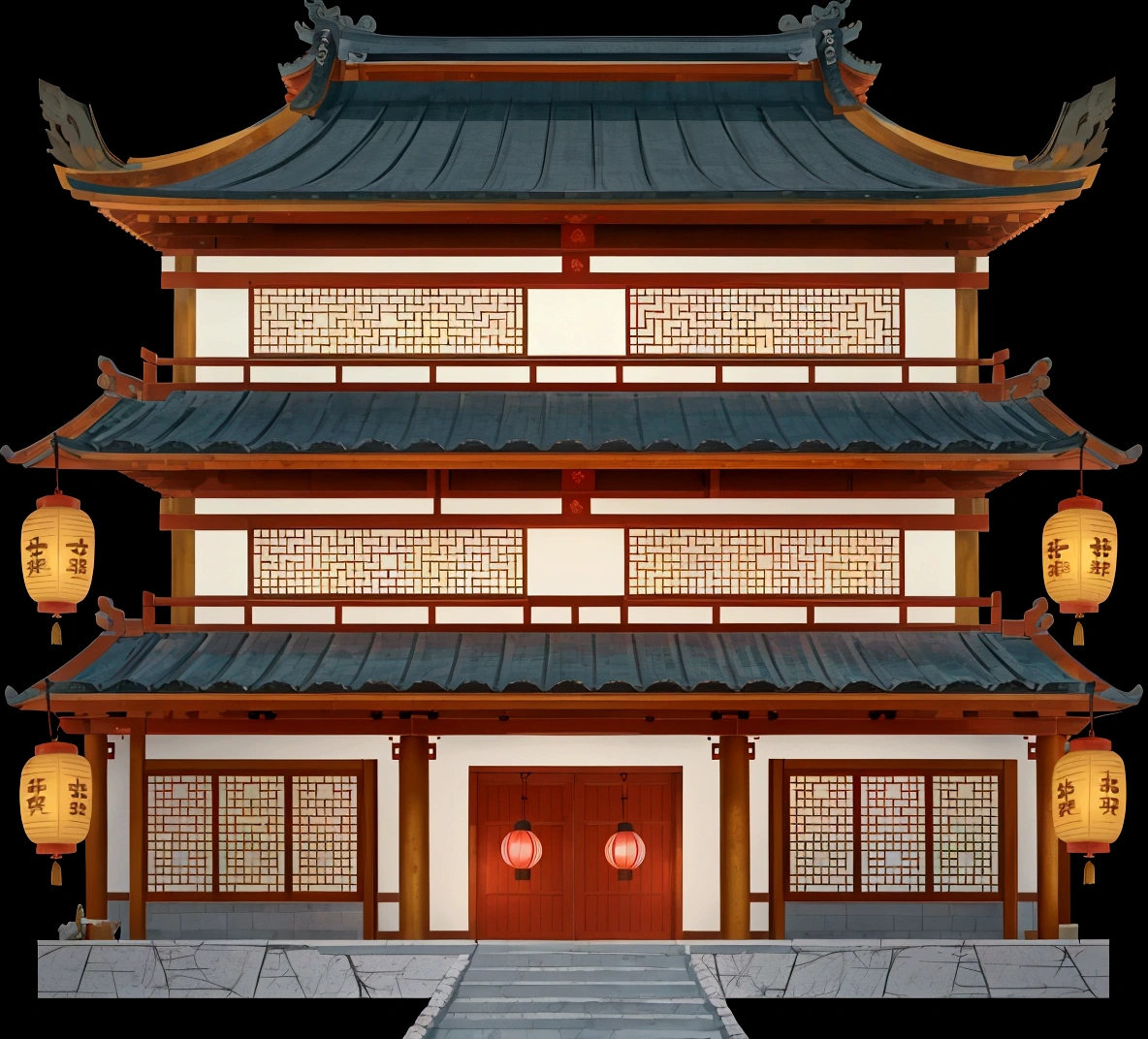 illustration of a traditional chinese building with lanterns and a door, an extremely detailed building, european japanese buildings, japanese house, chinese building, japanese temple, zen temple background, ancient japanese architecture, digital painting of a pagoda, japanese architecture, temple background, inspired by Tōshi Yoshida, japanese temples, inspired by Shūbun Tenshō