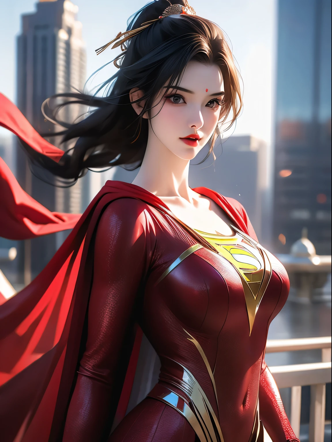 a close up of a asia woman in a superman costume standing on a cityscape, amouranth as a super villain, super photo realistic, realistic cosplay, super photo-realistic, ultra mega super hyper realistic, super-hero girl, super realistic photo, superhero body, highly detailed giantess shot, supergirl, superhero, superhero portrait, super model, super hero, super photorealistic, gigantic breasts, showing Vulvas muscular body, sexy body,