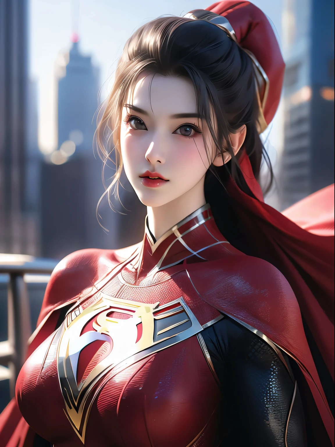a close up of a asia woman in a superman costume standing on a cityscape, amouranth as a super villain, super photo realistic, realistic cosplay, super photo-realistic, ultra mega super hyper realistic, super-hero girl, super realistic photo, superhero body, highly detailed giantess shot, supergirl, superhero, superhero portrait, super model, super hero, super photorealistic, gigantic breasts, showing Vulvas muscular body, sexy body,