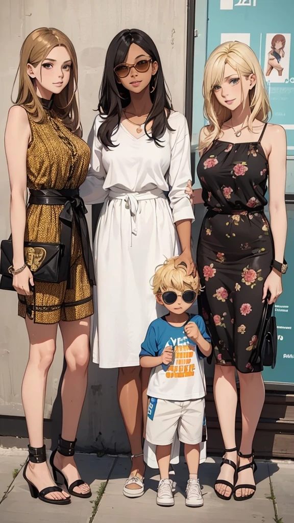 three sexy women walking and looking down at  boy with blonde hair and shorts, women touch behind of boy's head, women have flirtatious smiles, boy have sunglasses, women have various hair colors
