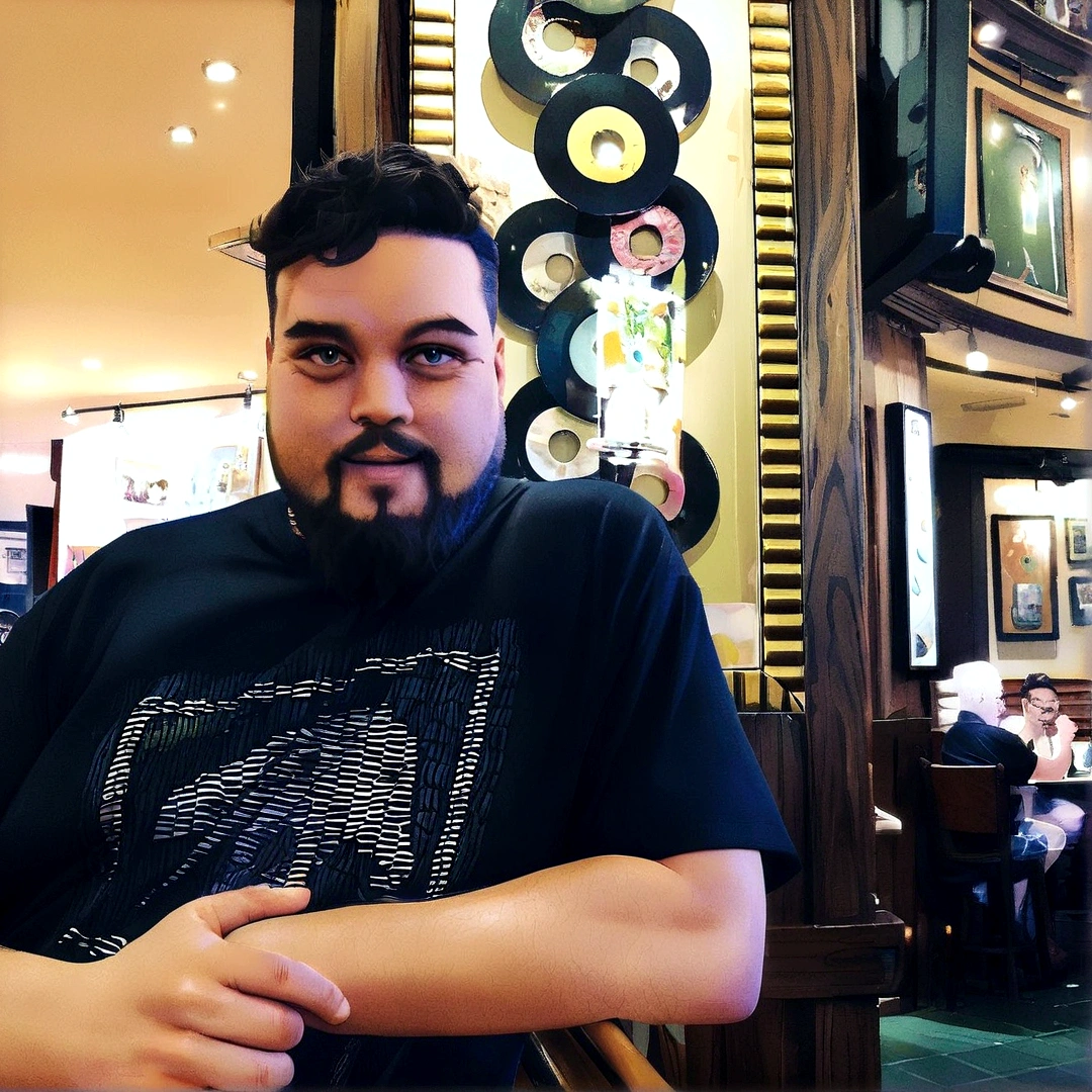 a man, with a beard, chubby, black hair and beard, black t-shirt, happy expression, background white