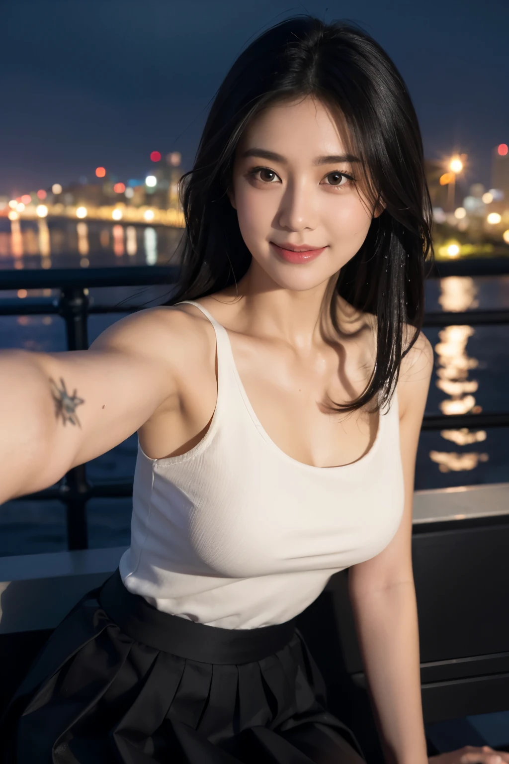 (RAW photos, best quality), (realistic, photorealistic: 1.2), (round face: 1), 1 girl, selfie outdoor, (high detail skin: 1.2), (puffy eyes), (lying silkworm), smile, collarbone, air bang, straight brown black hair, pure black pleated skirt, soft lighting, high quality, cityscape, skyline, night, rain, wet, professional lighting, Photon mapping, radiosity, physically based rendering, realistic,