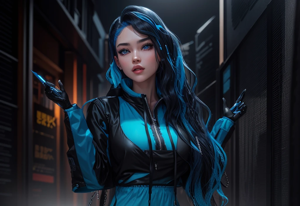 AVATAR SECOND LIFE Korean girl black jacket , asiática hair blue, hair blue, hair blue, Perfect and detailed face, imvu, maximalist details, AVATAR SECOND LIFE Korean blouse and pants , neon, hair blue, jeans