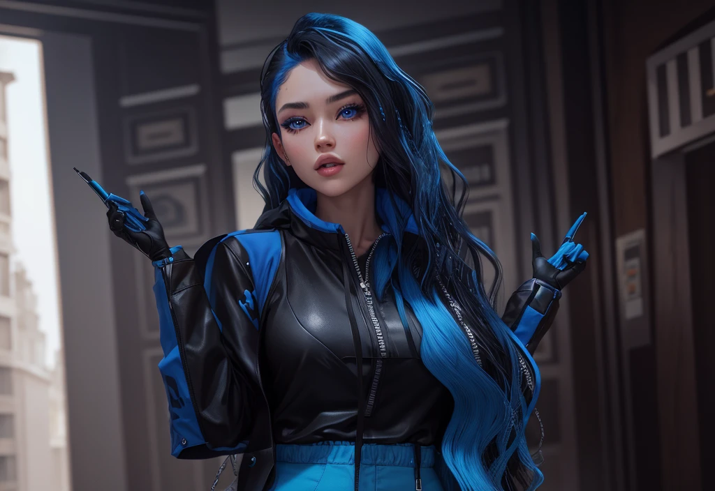 AVATAR SECOND LIFE Korean girl black jacket , asiática hair blue, hair blue, hair blue, Perfect and detailed face, imvu, maximalist details, AVATAR SECOND LIFE Korean blouse and pants , neon, hair blue, jeans