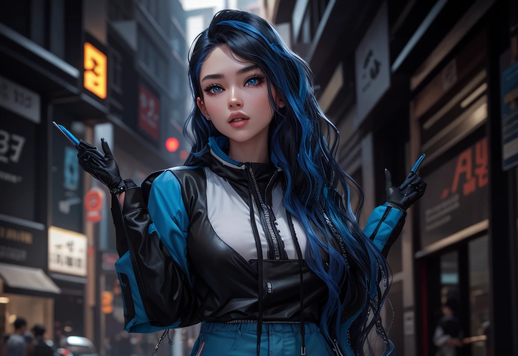 AVATAR SECOND LIFE Korean girl black jacket , asiática hair blue, hair blue, hair blue, Perfect and detailed face, imvu, maximalist details, AVATAR SECOND LIFE Korean blouse and pants , neon, hair blue, jeans