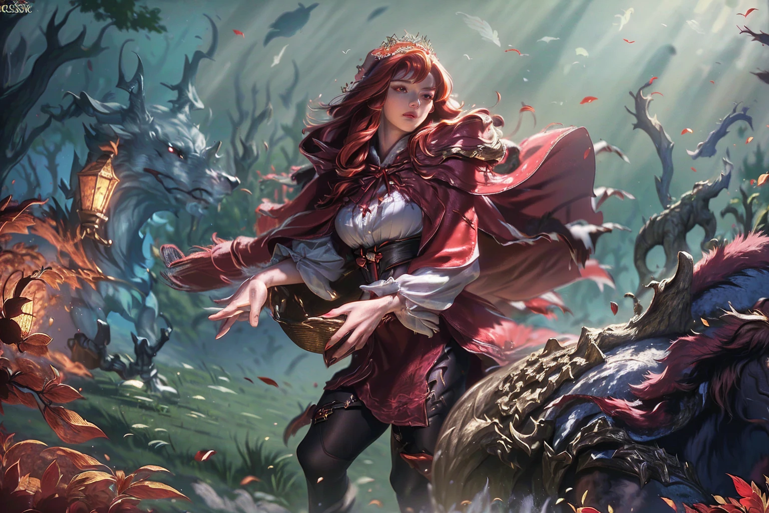 a beautiful young woman with long flowing red hair, wearing a red hooded cloak, holding a wicker basket, standing in a dark forest, a large wolf next to her, seductive and alluring expression, detailed facial features, highly realistic, cinematic lighting, warm color tones, dramatic atmosphere, (best quality,4k,8k,highres,masterpiece:1.2),ultra-detailed,(realistic,photorealistic,photo-realistic:1.37),fantasy,fairytale,dramatic lighting