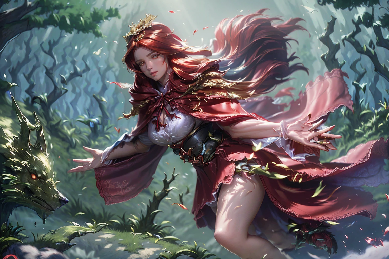 a beautiful young woman with long flowing red hair, wearing a red hooded cloak, holding a wicker basket, standing in a dark forest, a large wolf next to her, seductive and alluring expression, detailed facial features, highly realistic, cinematic lighting, warm color tones, dramatic atmosphere, (best quality,4k,8k,highres,masterpiece:1.2),ultra-detailed,(realistic,photorealistic,photo-realistic:1.37),fantasy,fairytale,dramatic lighting