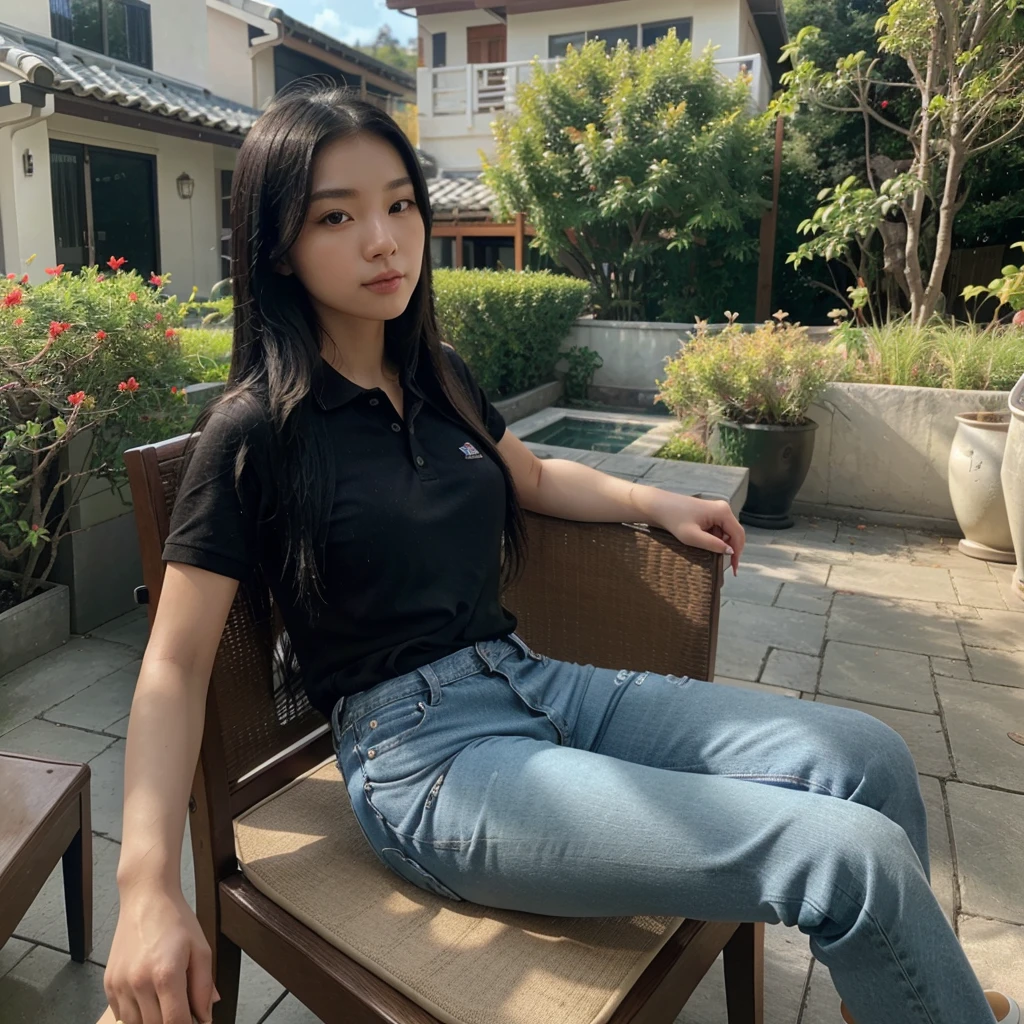 A beautiful Korean woman,long black straight hair,blue polo shirt,jeans,canvas shoes,sitting relaxed on a chair on the terrace of the house,holding a glass of sweet tea,with a koi pond in front and pine trees,10k uhd,300 dpi.