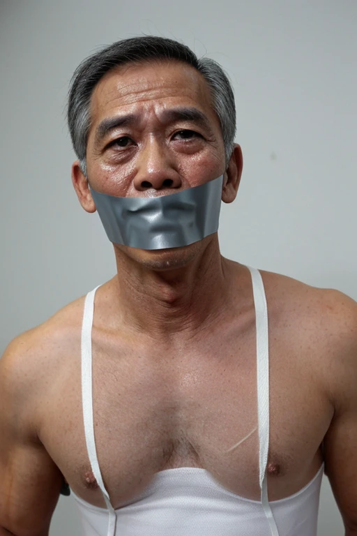 Old malay men, tape gag ,hairy chest, white men singlet, mouth tape, 