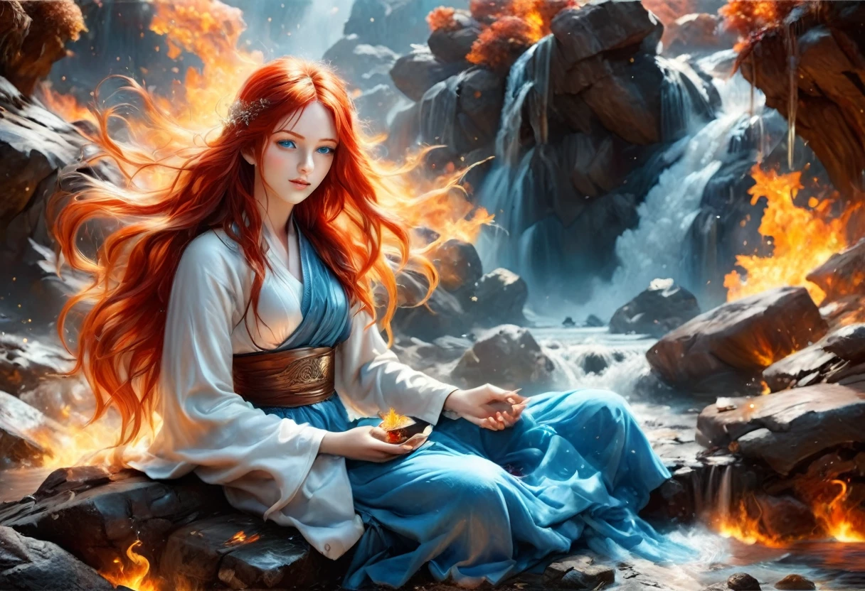 a picture of a (female monk: 1.2) sitting and meditating near a waterfall, at the base of the waterfall,  there is a human woman monk wearing monk garbs, meditating near a bonfire near an (epic sized waterfall: 1.3), red hair, long hair, full body (best details, Masterpiece, best quality :1.5), ultra detailed face (best details, Masterpiece, best quality :1.5), ultra feminine (best details, Masterpiece, best quality :1.5), exquisite beautiful (best details, Masterpiece, best quality :1.5) red hair, long hair, wavy hair, pale skin, blue eyes, intense eyes, water coming down from a volcanic cliff, multi level water falls, several pools created in different levels, forming new waterfalls, water cascading into a (large lava pool: 1.3) steam rising, clear water in many hues of blue and azure, fantasy art, photorealistic, D&D art, ultra best realistic, best details, best quality, 16k, [ultra detailed], masterpiece, best quality, (extremely detailed), ultra wide shot, photorealism, depth of field, hyper realistic painting, faize, perfecteyes, drkfntasy