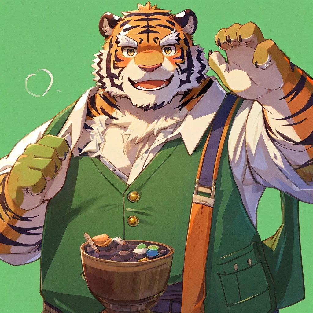 anthro, kemono, male, solo, (((green bear and orange tiger))), beard, white eyebrows, sexy, blush, wink, simple background, make a miniature house,