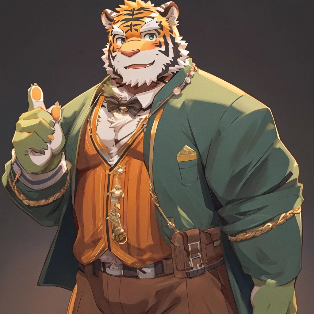 anthro, kemono, male, solo, (((green bear and orange tiger))), beard, white eyebrows, sexy, blush, wink, simple background, make a miniature house,