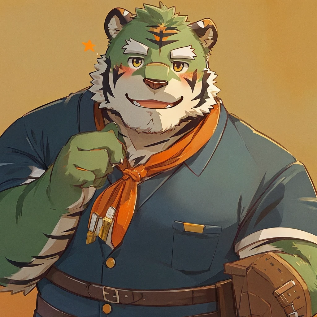 anthro, kemono, male, solo, (((green bear and orange tiger))), beard, white eyebrows, sexy, blush, wink, simple background, make a miniature house,