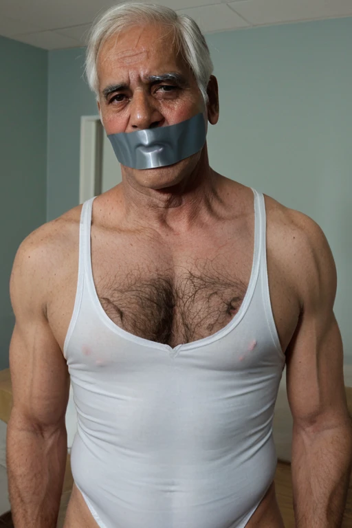Old indian men, tape gag ,hairy chest, white men singlet, mouth tape,