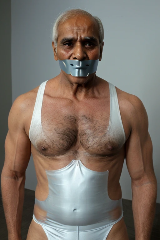 Old indian men, tape gag ,hairy chest, white men singlet, mouth tape, 