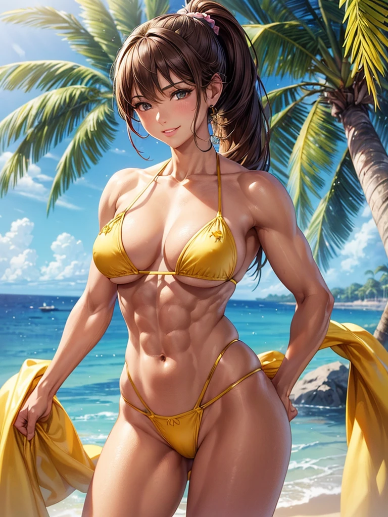 ,(best quality, ultra-detailed, realistic:1.37, masterpiece:1.2), woman, beautiful detailed eyes, beautiful detailed lips, brown hair tied up, smile,yellow micro bikini, (muscular body:1.1),slim figure, caustics, textile shading, toned body, clean abs, palm trees swaying,  ponytail,