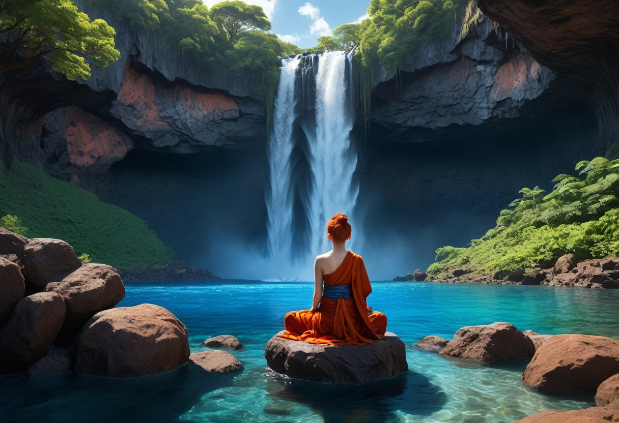 a picture of a (female monk: 1.2) sitting and meditating near a waterfall, at the base of the waterfall,  there is a human woman monk wearing monk garbs, meditating near a bonfire near an (epic sized waterfall: 1.3), red hair, long hair, full body (best details, Masterpiece, best quality :1.5), ultra detailed face (best details, Masterpiece, best quality :1.5), ultra feminine (best details, Masterpiece, best quality :1.5), exquisite beautiful (best details, Masterpiece, best quality :1.5) red hair, long hair, wavy hair, pale skin, blue eyes, intense eyes, water coming down from a volcanic cliff, multi level water falls, several pools created in different levels, forming new waterfalls, water cascading into a (large lava pool: 1.3) steam rising, clear water in many hues of blue and azure, fantasy art, photorealistic, D&D art, ultra best realistic, best details, best quality, 16k, [ultra detailed], masterpiece, best quality, (extremely detailed), ultra wide shot, photorealism, depth of field, hyper realistic painting,