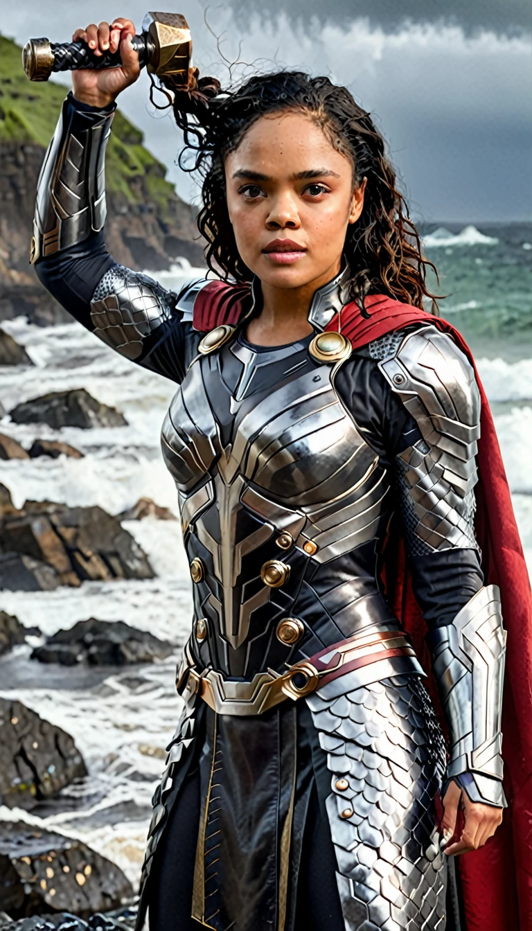 ((masterpiece)), (best quality), perfect anatomy, highres, detailed, (8k), photorealistic, best quality, ultra highres, ((detailed face)), a Realistic full body portrait of Tessa Thompson as Thor God Of Thunder in the iconic outfit from the Avengers Movies and MCU The costume depicted in the image is a meticulously crafted suit of armor, predominantly silver with black detailing and the 6 round disk that flank the torso. It features: Chest Plate: Embellished with circular, Norse-inspired motifs. Shoulder Armor: Layered metal pieces symbolize strength. Arm Coverage: Chainmail textures suggest flexibility and defense. Cape: A flowing red cape adds a majestic element. , wielding the mighty hammer above her head in a raging thunder storm waves crashing against the rocks in the background