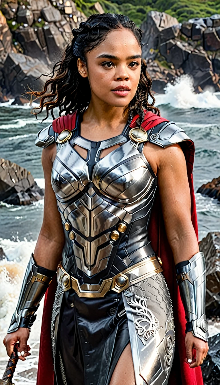 ((masterpiece)), (best quality), perfect anatomy, highres, detailed, (8k), photorealistic, best quality, ultra highres, ((detailed face)), a Realistic full body portrait of Tessa Thompson as Thor God Of Thunder in the iconic outfit from the Avengers Movies and MCU The costume depicted in the image is a meticulously crafted suit of armor, predominantly silver with black detailing and the 6 round disk that flank the torso. It features: Chest Plate: Embellished with circular, Norse-inspired motifs. Shoulder Armor: Layered metal pieces symbolize strength. Arm Coverage: Chainmail textures suggest flexibility and defense. Cape: A flowing red cape adds a majestic element. , wielding the mighty hammer above her head in a raging thunder storm waves crashing against the rocks in the background