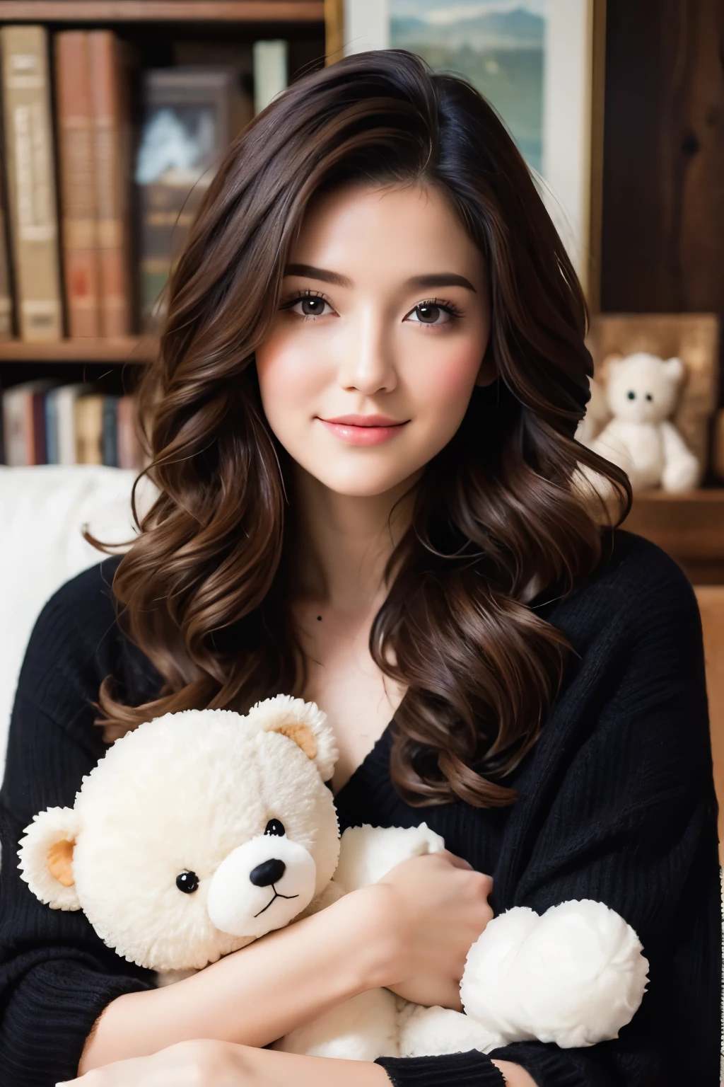 (Beautiful Woman with dark hair) holding a small (tiny cute and adorable white plush fluffy chibi-style teddy bear with large black eyes), in the style of Harrison Fisher and Brian Froud and Jeremy Mann, smile, Whimsical, vibrant colors, gloss, sweetness, surreal, thick brush strokes, layered textures, mythical, magical