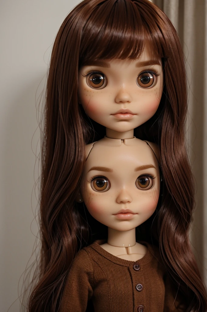 generates a blythe doll with light skin, brown eyes and deep red straight hair, not so long