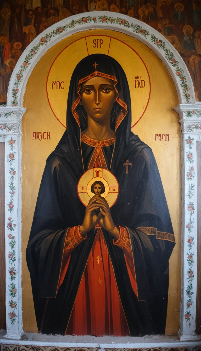 black saint, Orthodox Mary Magdalene painted on the interior wall of a Rortch church