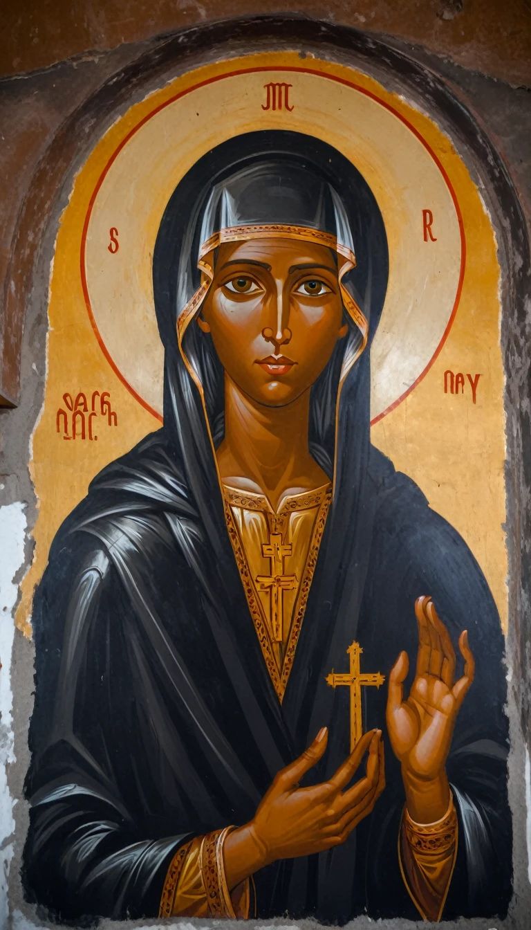 black saint, Orthodox Mary Magdalene painted on the interior wall of a Rortch church 