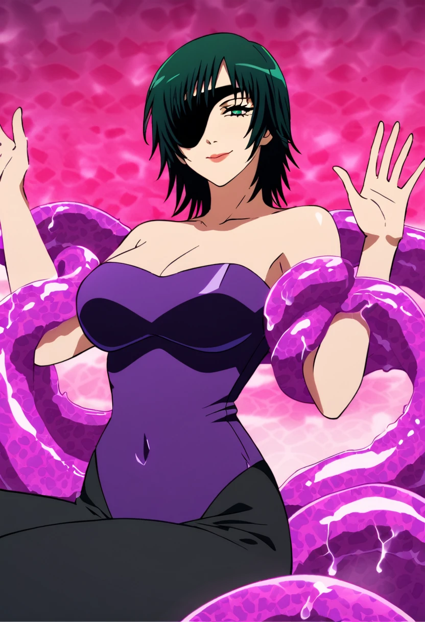 mature female, mature, Adult,((Himeno_CSM)), Himeno(Chainsaw Man), Eye patch, One Girl, solo, Villain, bad woman, chest, Black Hair, View your audience, short hair, Seductive smile, A woman sits on a group of smooth tentacles, Open your arms, Raise the hand, Tentacle Background, psychedelic Background, Purple leotard, sweet, Steam, dripping, dark atmosphere, masterpiece, Top animation quality,Top image quality,cinematic feeling,