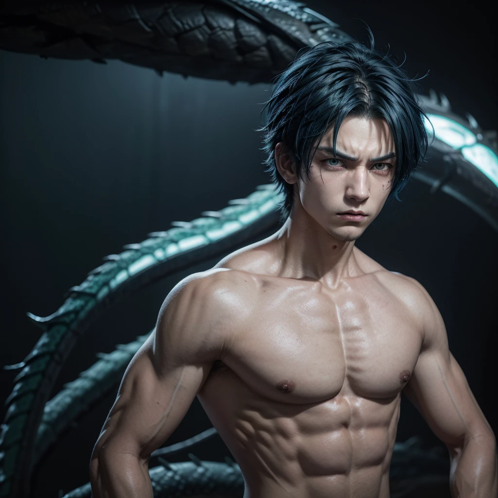 create a Shounen style anime panel image of a man, Dark Blue Hair, intense light lime green eyes half-closed, skull and dragon tattoo on arms, Ear Body Piercing, with an angry expression