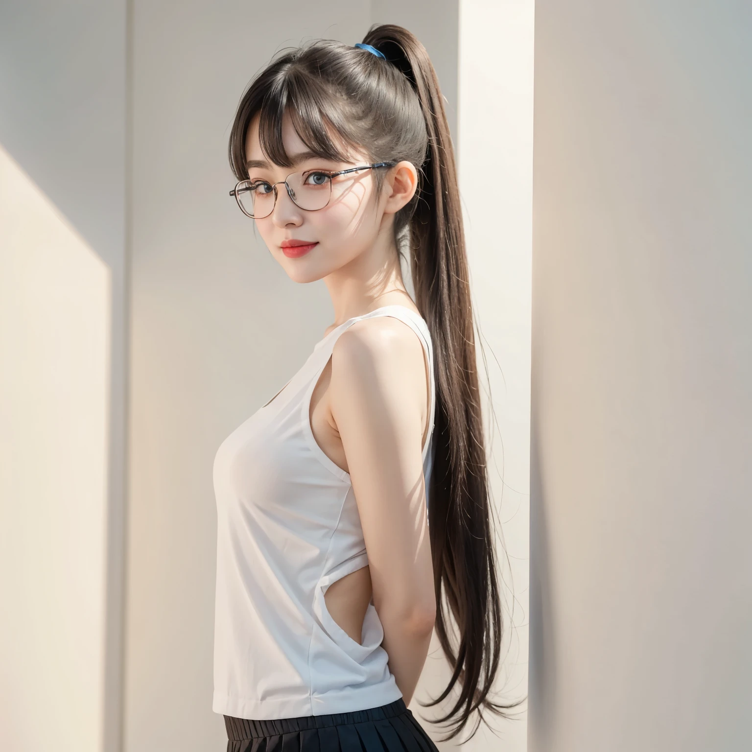 (Best quality, masterpiece, detailed), (RAW, 4k, hd images), 1 girl, 17 years old, white skin, medium hair, ponytail, layers hair, bangs, black hair, beautiful girl, cute girl, sweet girl, pretty girl, perfect girl, perfect body, pretty eyes, blue eyes, thin lips, (eye line, lip soft), perfect round breast, glasses,simple background, smile, thigh, legs, black long dress, full body, standing facing camera, random angle capture