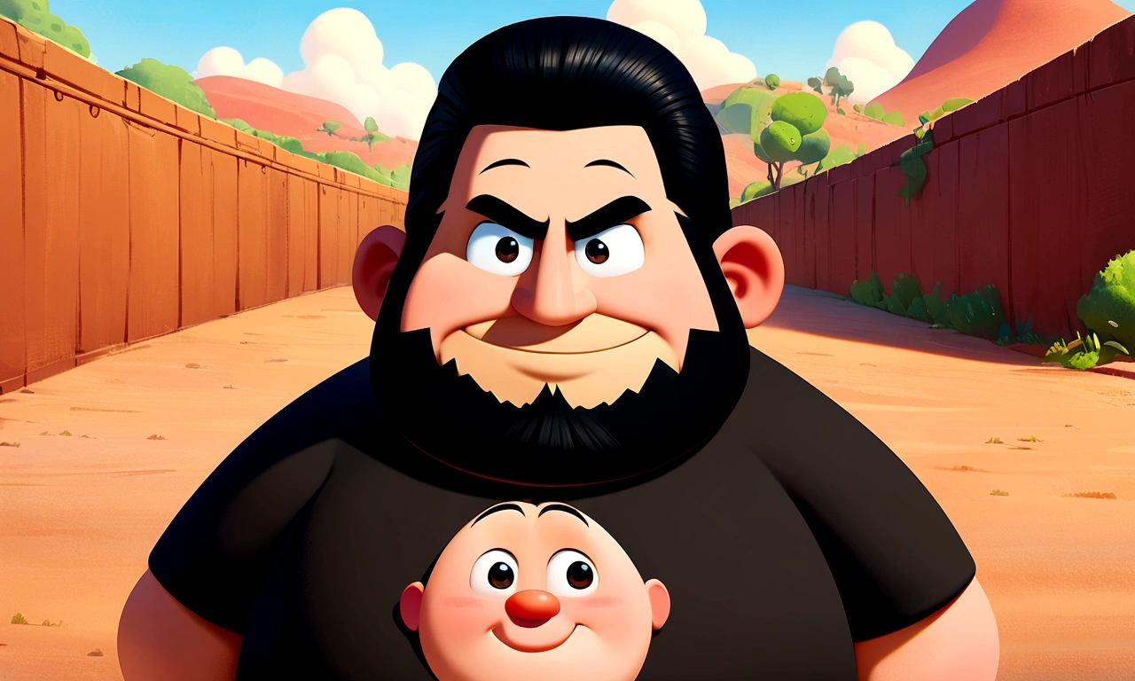a man, with a beard, chubby, black hair and beard, black t-shirt, happy expression, pixar art, style pixar