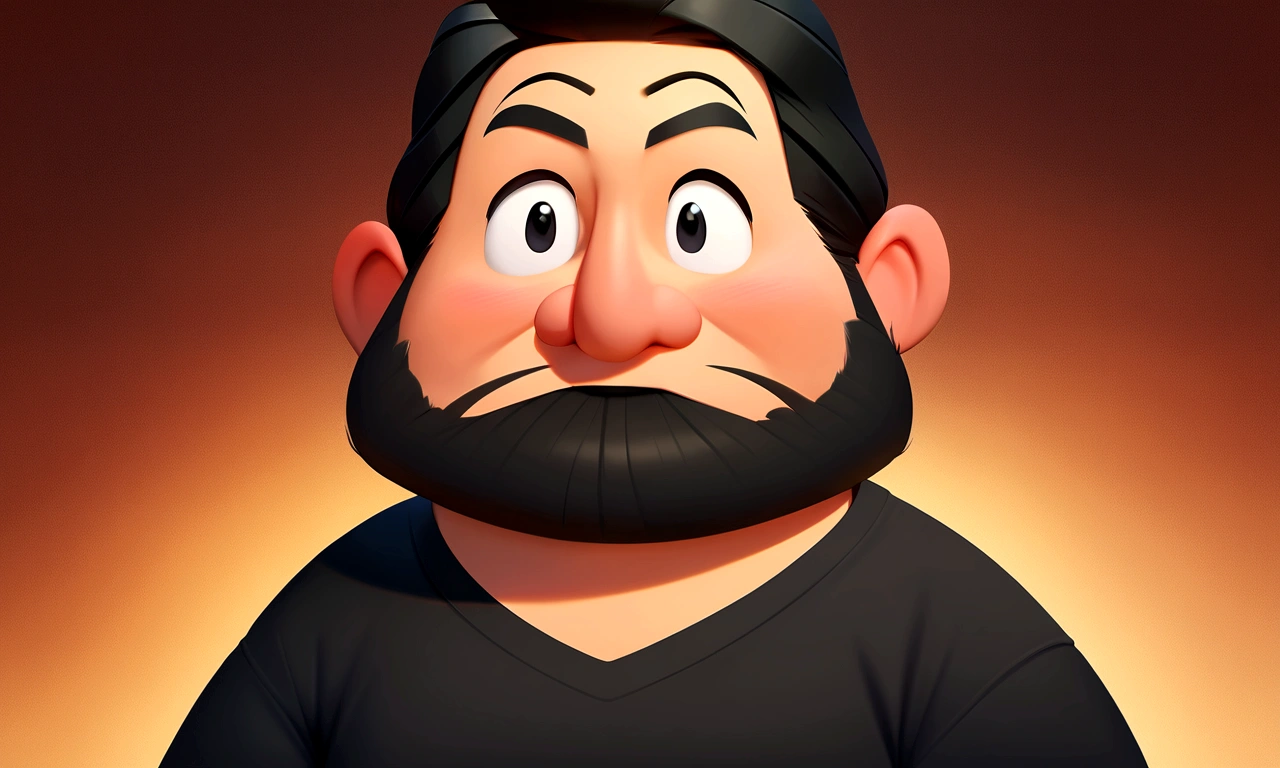 a man, with a beard, chubby, black hair and beard, black t-shirt, happy expression, pixar art, style pixar