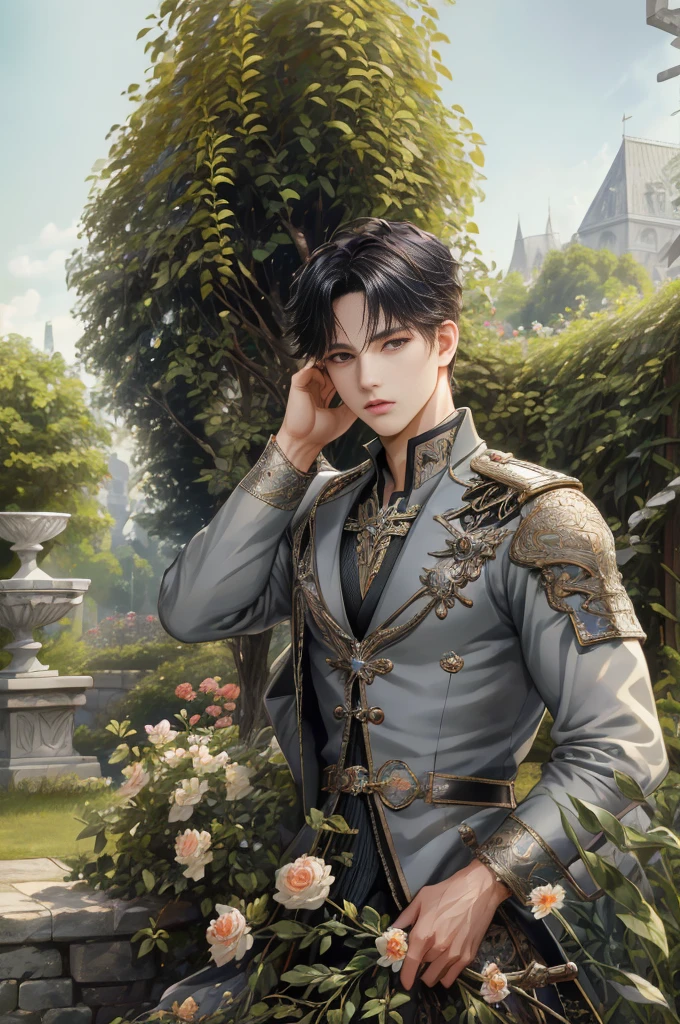 (absurdres, highres, ultra detailed, HDR), masterpiece, Intricate details,best quality picture of a character from Valkyrie Elysium, handsome teen boy with short Hair anime eyes, intricate details on face, in a detailed outside garden sanctuary scenery, detailed character, art kenouji