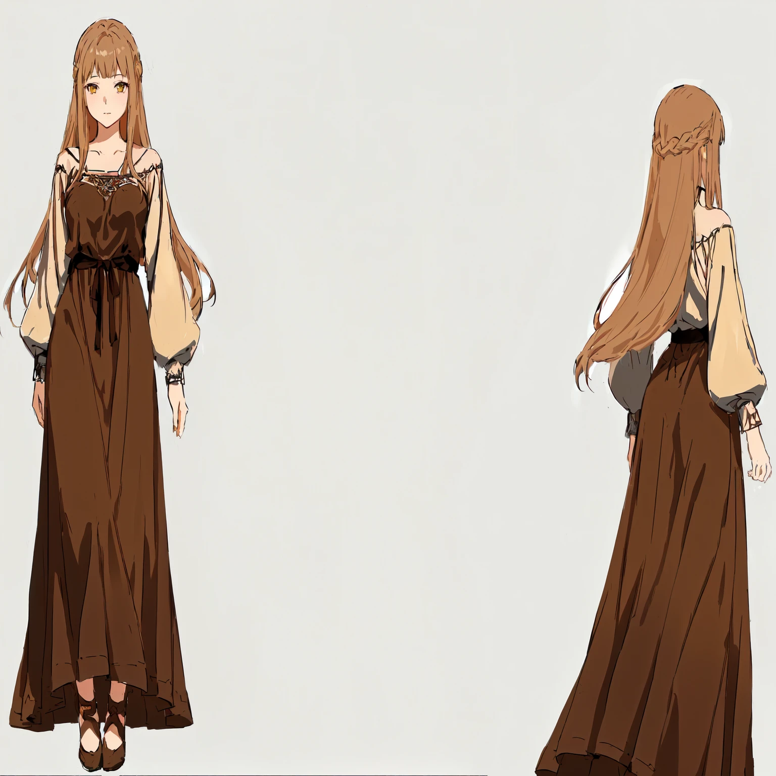 anime style rendering of a woman in a brown dress, ( ( character concept art ) ), beautiful full body concept art, detailed full body concept art, full body concept art, wearing long, loose clothes, full body character concept art, Kushart Krenz Kay Art for women, latest fantasy tactics character, anime full body illustration, official character art, full body concept