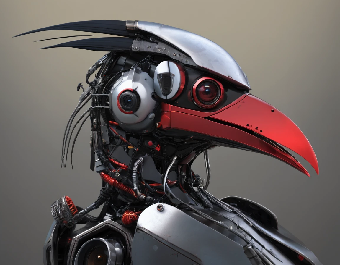 sci fi, crow head metal robot, beak faceplate, red camera eye, profile viev