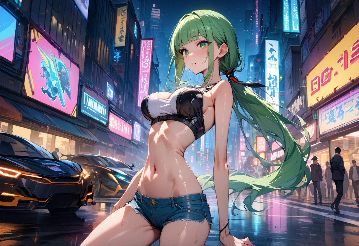 ((masterpiece,Highest quality:1.3)),cowboy shot,1woman,30 year old beauty、Investigator、独奏,(very small head:1.3),green hair,(low ponytail),long hair,blunt bangs,green eyes,gorgeous eyes,medium breasts,(very long body:1.2),(toned body,slender body,skinny),gleaming skin,shiny skin,oily skin,Light green tube top bra、navel、Yellow micro shorts、Drive a futuristic motorcycle、Sprint、on road,Metropolis,neon、World of Blade Runner、