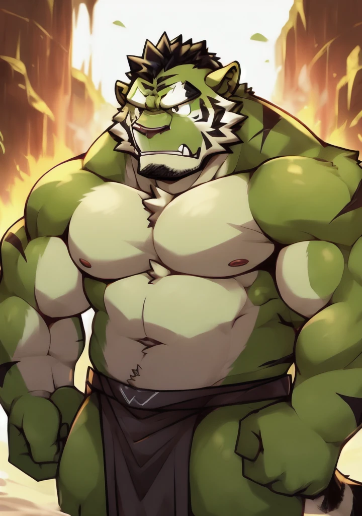 Tiger Orc，serious，the strong，Plush body，Fluffy tail（best quality）（Black scar），Black loincloth，（Topless）