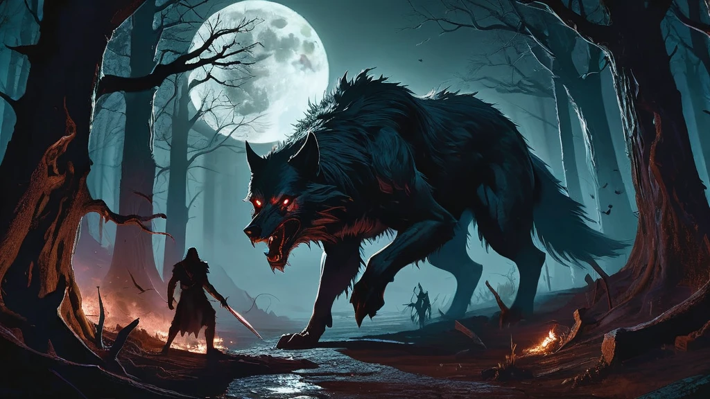 In the heart of the foreboding Blackwood Forest, under the cold, silver light of a full moon, two werewolves emerge from the shadows. Their forms are hulking and feral, with rippling muscles covered in coarse, dark fur. Their eyes glow with an unnatural luminescence, reflecting the primal hunger and ancient curses that bind them.

The first werewolf, standing tall with a mane of tangled fur and scars crisscrossing its body, lets out a guttural growl that echoes through the trees. Its claws are sharp as daggers, ready to rend anything that crosses its path. Beside it, the second werewolf, slightly smaller but no less menacing, snarls, baring its fangs that drip with anticipation.

The forest around them is alive with the sounds of nocturnal creatures, now eerily silent, sensing the presence of these nightmarish predators. The twisted trees cast long, sinister shadows, their gnarled branches forming a canopy that blocks out the moonlight, creating a maze of darkness.

The ground is littered with fallen leaves and the remnants of previous hunts—shredded clothing, broken weapons, and bones gnawed clean. The air is thick with the scent of damp earth and blood, a testament to the brutal nature of these cursed beings.

In the distance, the faint glow of a village fire can be seen, a reminder of the human lives that unknowingly share the night with these monstrous creatures. The werewolves' ears twitch, catching the sound of a distant howl, a call to hunt, to feed, to unleash the fury of their curse upon the world.

What ancient magic transformed these humans into beasts? What drives them to roam the dark woods under the full moon? This AI-generated image captures the menacing and mystical atmosphere of two werewolves prowling through the haunted forest in a medieval dark fantasy setting