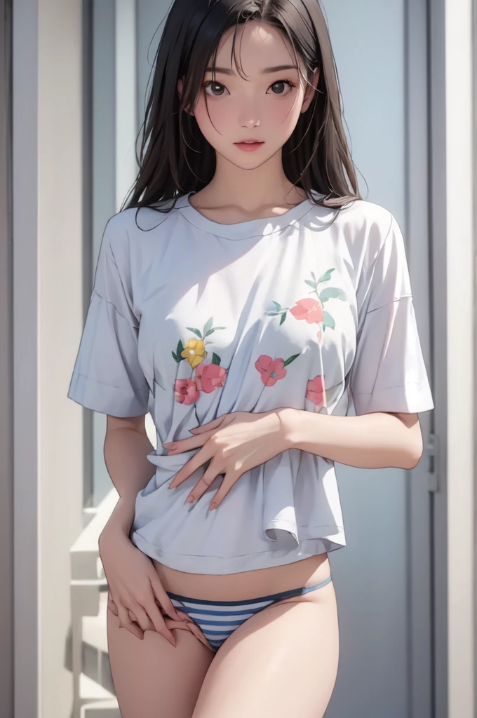 ((masterpiece, best quality)),((highres:1.2)), 1 Girl, solo, Blurred Background, (((Small breasts))), Thighs, (Stripe underwear), Print T-Shirts, nipple