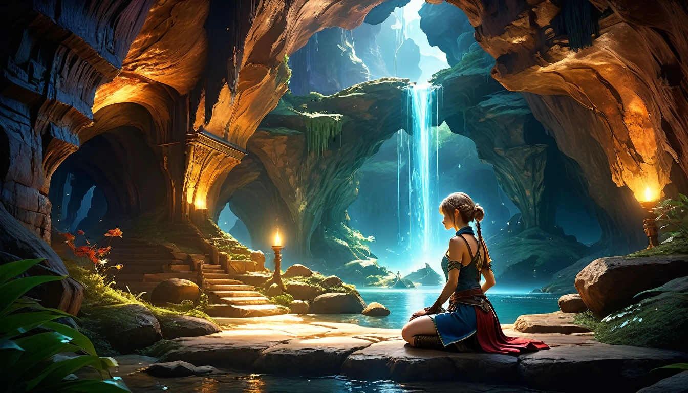 (by Greg Rutkowski: 1.2, anime, fantasy), (extremely detailed CG unity 8K wallpaper, Artwork, best quality, ultra-detailed, hdr:1.2), (woman kneeling on her back studying), conveys peace and concentration. (elf cave, cave ruins, interior cave, from final fantasy x), dark colors, majestic, gloomy atmosphere, extremely detailed, intricate, delicate, serene fantasy, cinematic lighting, 8K, high quality