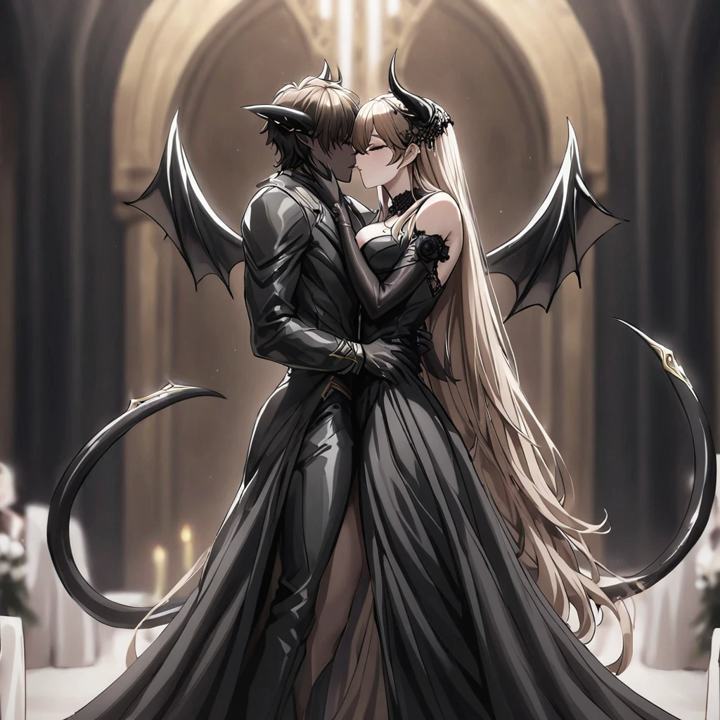 ((Highest quality)), ((masterpiece)), (detailed), (Perfect Face)、The woman is a sexy, dark-skinned demon.、The woman is a jet-black female demon with magnificent devil horns, jet-black devil wings, and a jet-black tail. Her skin is jet-black, and she is wearing a luxurious black Gothic Victorian wedding dress and a black wedding veil. She embraces the dignified and powerful Great Demon King, kisses him in oath, and is getting married to him, her whole body loved by the Demon King. She is the jet-black demon Princess Leona, with medium-long light brown hair, a demon in both body and mind, and has the expression of a maiden in love.、The man is a dignified and powerful demon king, and they embrace the woman, kiss each other as they hold a wedding ceremony, loving and adoring each other.