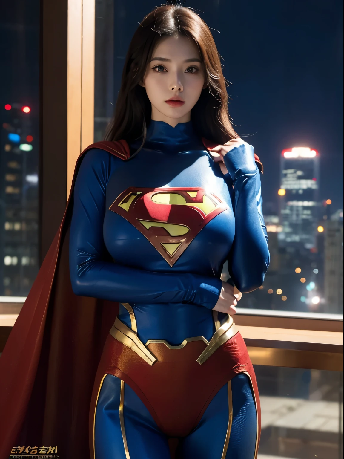 a close up of a asia woman in a superman costume standing on a cityscape, amouranth as a super villain, super photo realistic, realistic cosplay, super photo-realistic, ultra mega super hyper realistic, super-hero girl, super realistic photo, superhero body, highly detailed giantess shot, supergirl, superhero, superhero portrait, super model, super hero, super photorealistic, gigantic breasts, showing Vulvas muscular body, sexy body,