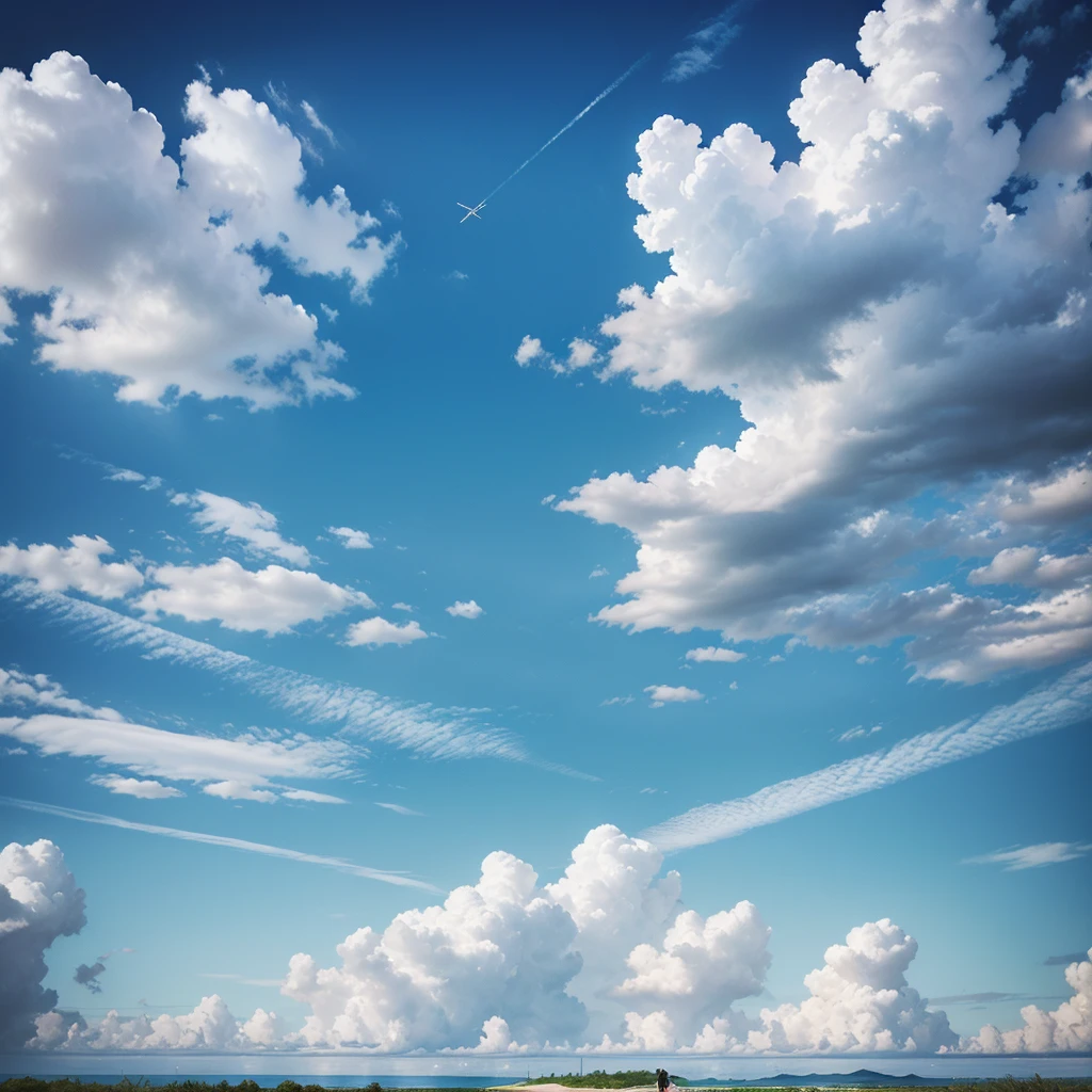 A serene landscape where the sky is a vibrant blue and the ground is made of fluffy white clouds, giving the impression that the main character is in paradise. The character appears small in the distance, gazing contemplatively at the horizon. Dollar bills are raining down from the sky, and the ground is made of clouds.