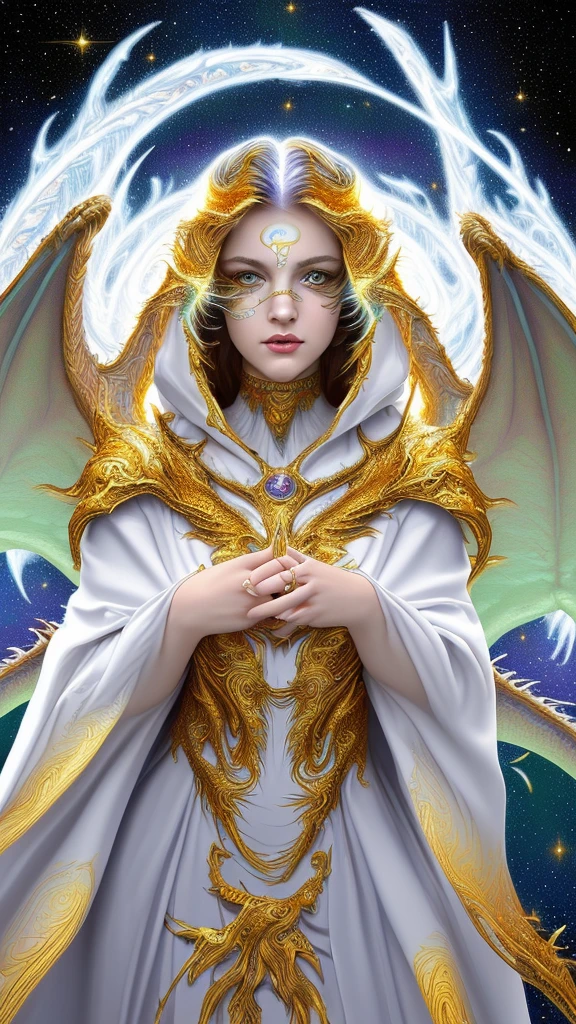 (masterpiece, Highest quality, Highest quality, Official Art, beautifully、aesthetic:1.2), (One girl), Highly detailed eyes, (Fractal Art:1.3), colorful, Most detailed, (Perfect Face), Shiny skin, High resolution, (White cloak Golden Line:1.2), Milky Way, (Streaks of Light), Impressive visuals, (Dynamic stripes, Light trail:1.2), Vibrant colors, (Phoenix), (Dragon)