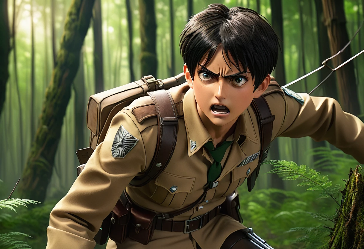 realistic,Eren Yeager, live-action style, intense expression, Survey Corps uniform, vertical maneuvering equipment, realistic textures, windswept hair, forest background, action pose, dynamic movement, high detail, dramatic lighting, cinematic."
