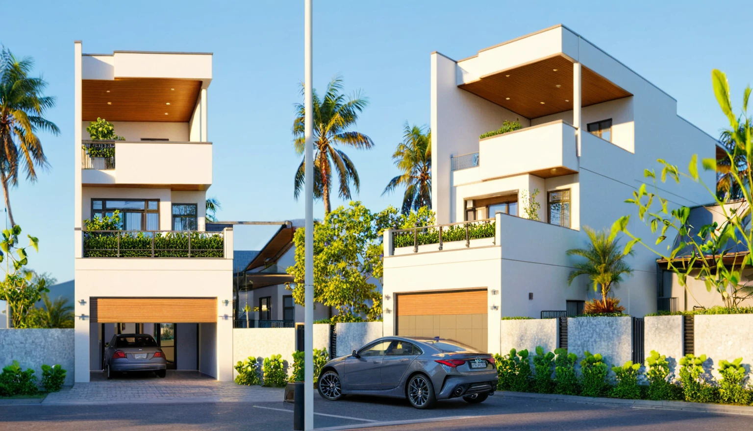a view of a modern home with a large front yard, main material by white wall and stone and wood, 1 road runs in front of the house, (RAW photo, real, best quality, masterpiece:1.2), look morden minimalist, 1 road in front of the house, shime ring light, light brighteness from indoor:1.2, dynamic lighting:1.3, (hyper realistic, photo-realistic:1.2), high quality, day lighht, hight contrast :0.5 perfect lighting, archdaily, award winning contemporary, contemporary masterpiece, well-designed masterpiece, large modern residence, neotraditional modern, wide angle exterior 2022, midcentury modern, contemporary house, hip modern vibe, a long-shot from front, award winning modern design, stunning lines, residential, subtle detailing, light indoor:1.3