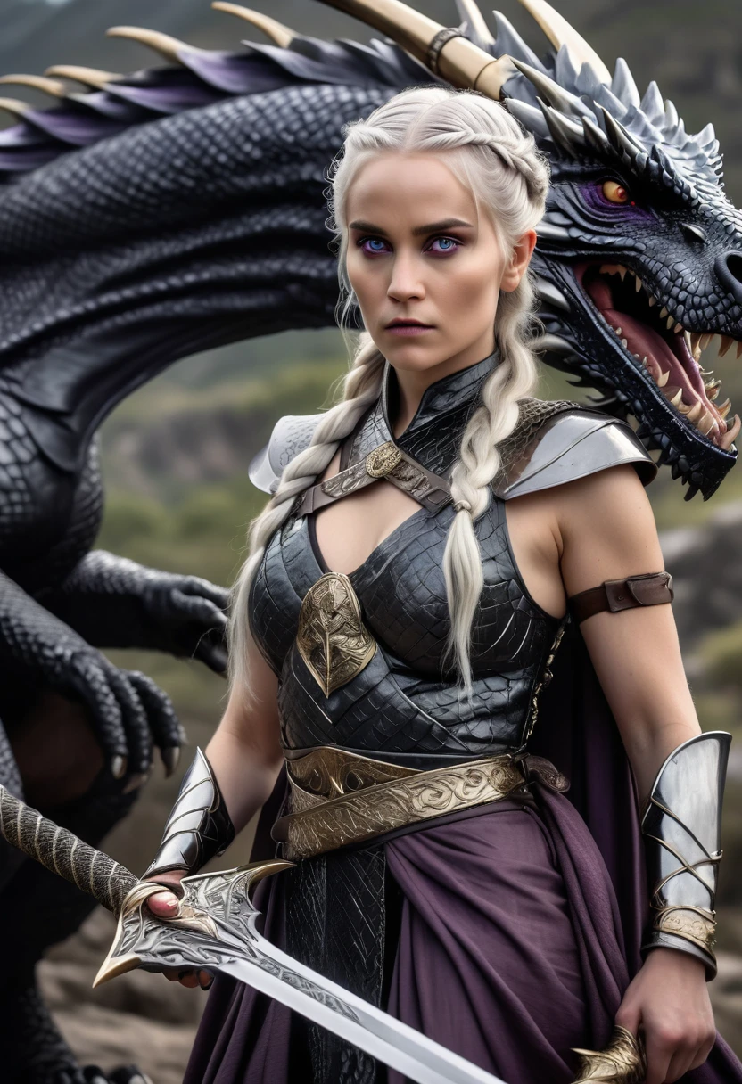 (Masterpiece artwork, 8K, uhd, high resolution: 1.4), iconic portrait of Visenya Targaryen, (silver-gold hair braided and tied with rings: 1.3), (piercing violet eyes: 1.3), (austere and voluptuous beauty: 1.2), (dressed in elegant silk or imposing armor: 1.2), (wielding the Valyrian Steel sword, black sister: 1.3), (mounted on her black dragon with shining scales: 1.2), (King's Landing scenery in the background, with tall towers visible: 1.1), (atmosphere of determination and mystery: 1.3), realistic and intricate details, (fantasy and story elements: 1.2), (heroic and powerful perspective: 1.3)