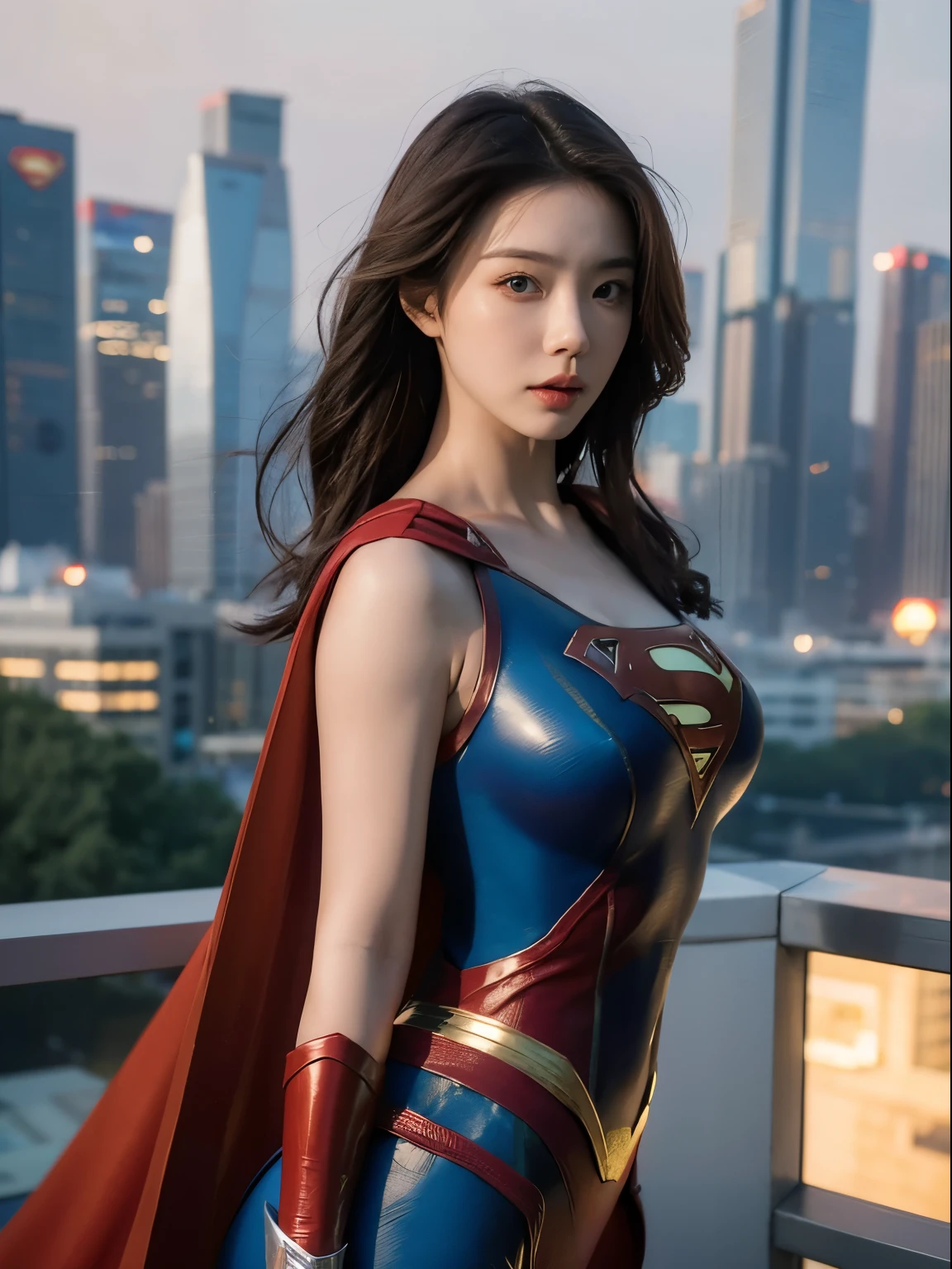 a close up of a asia woman in a superman costume standing on a cityscape, amouranth as a super villain, super photo realistic, realistic cosplay, super photo-realistic, ultra mega super hyper realistic, super-hero girl, super realistic photo, superhero body, highly detailed giantess shot, supergirl, superhero, superhero portrait, super model, super hero, super photorealistic, gigantic breasts, showing Vulvas muscular body, sexy body,