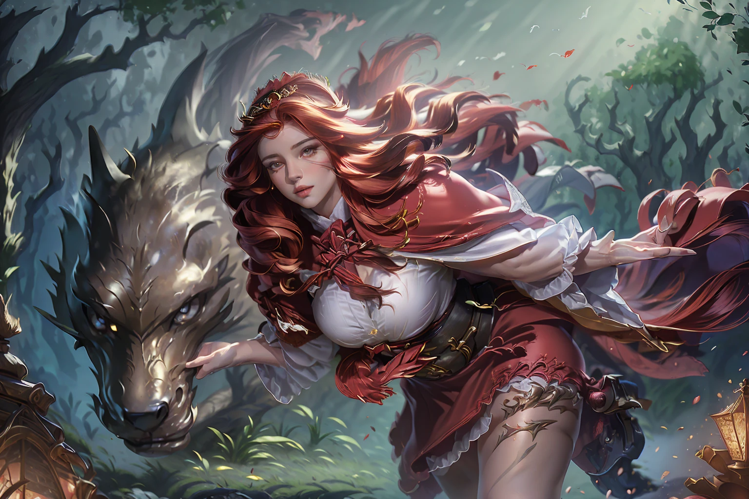 a beautiful young woman with long flowing red hair, wearing a red hooded cloak, holding a wicker basket, standing in a dark forest, a large wolf next to her, seductive and alluring expression, detailed facial features, highly realistic, cinematic lighting, warm color tones, dramatic atmosphere, (best quality,4k,8k,highres,masterpiece:1.2),ultra-detailed,(realistic,photorealistic,photo-realistic:1.37),fantasy,fairytale,dramatic lighting
