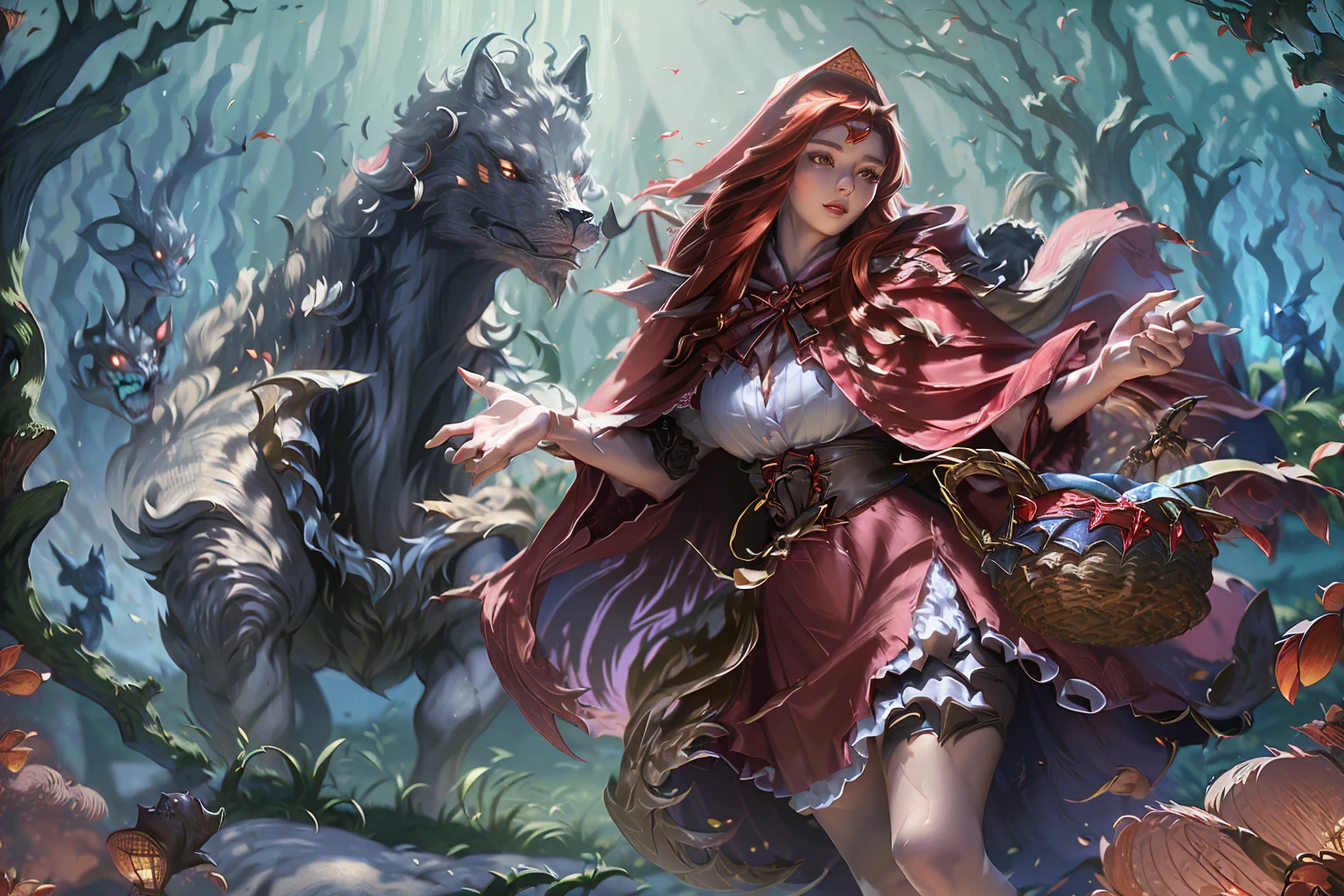 a beautiful young woman with long flowing red hair, wearing a red hooded cloak, holding a wicker basket, standing in a dark forest, a large wolf next to her, seductive and alluring expression, detailed facial features, highly realistic, cinematic lighting, warm color tones, dramatic atmosphere, (best quality,4k,8k,highres,masterpiece:1.2),ultra-detailed,(realistic,photorealistic,photo-realistic:1.37),fantasy,fairytale,dramatic lighting